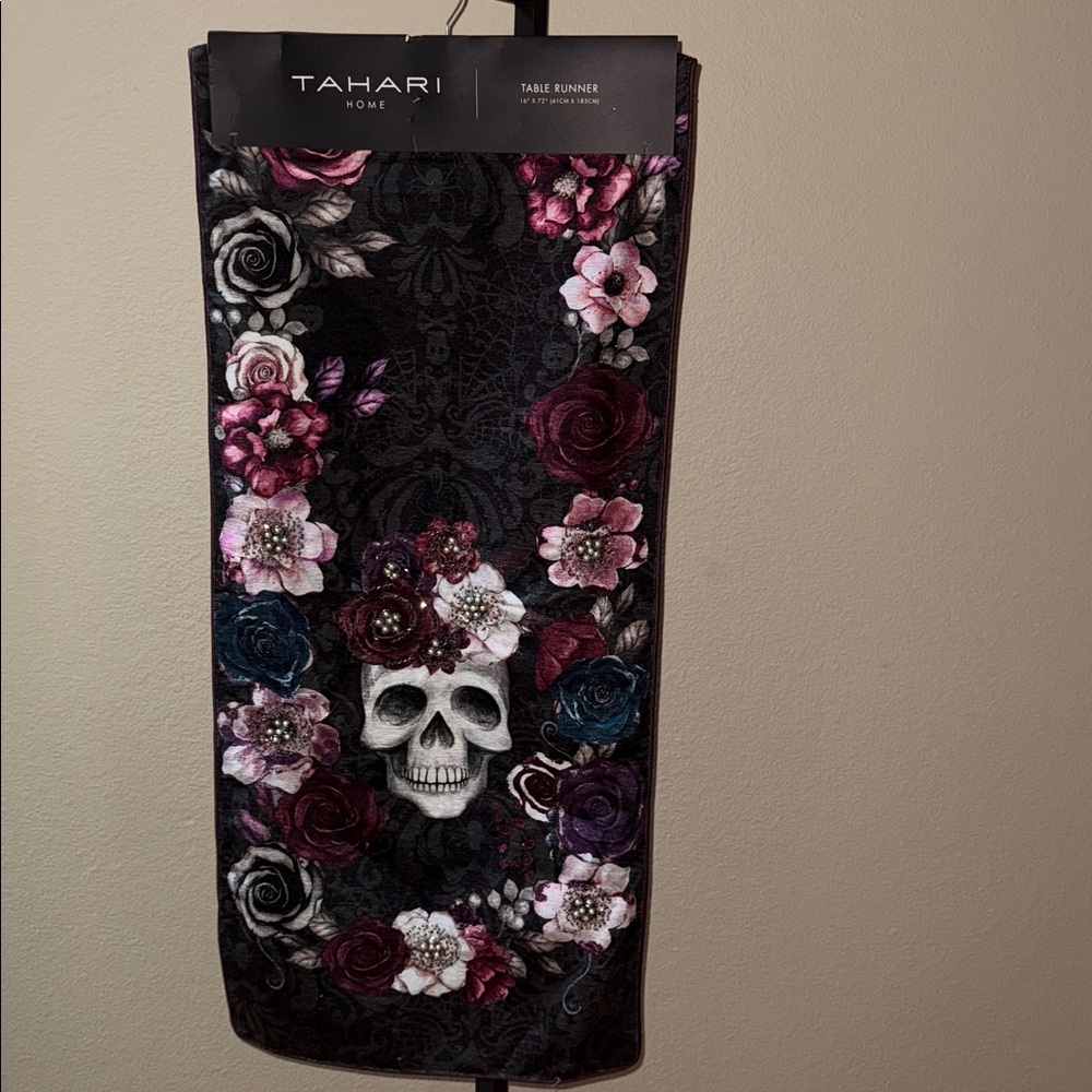 Tahari Home Halloween Table Runner 16 x 72” Sugar Skull Floral Beads Peals Webs